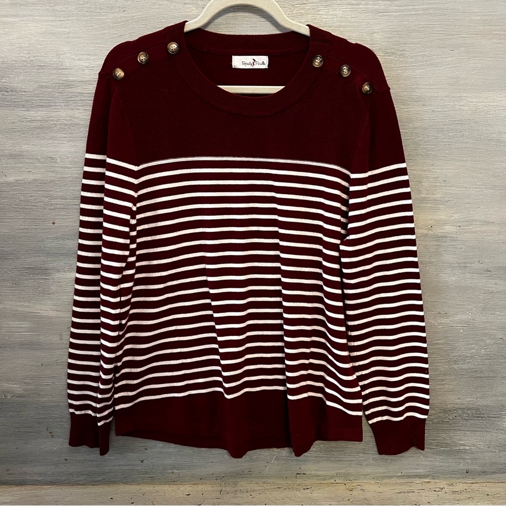Perfectly Priscilla Burgundy White Stripe Soft Light Weight Sweater 3X GC‎